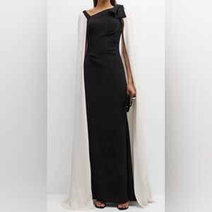 Rickie Freeman For Teri Jon
Two-Tone Cape-Sleeve Crepe Column Gown